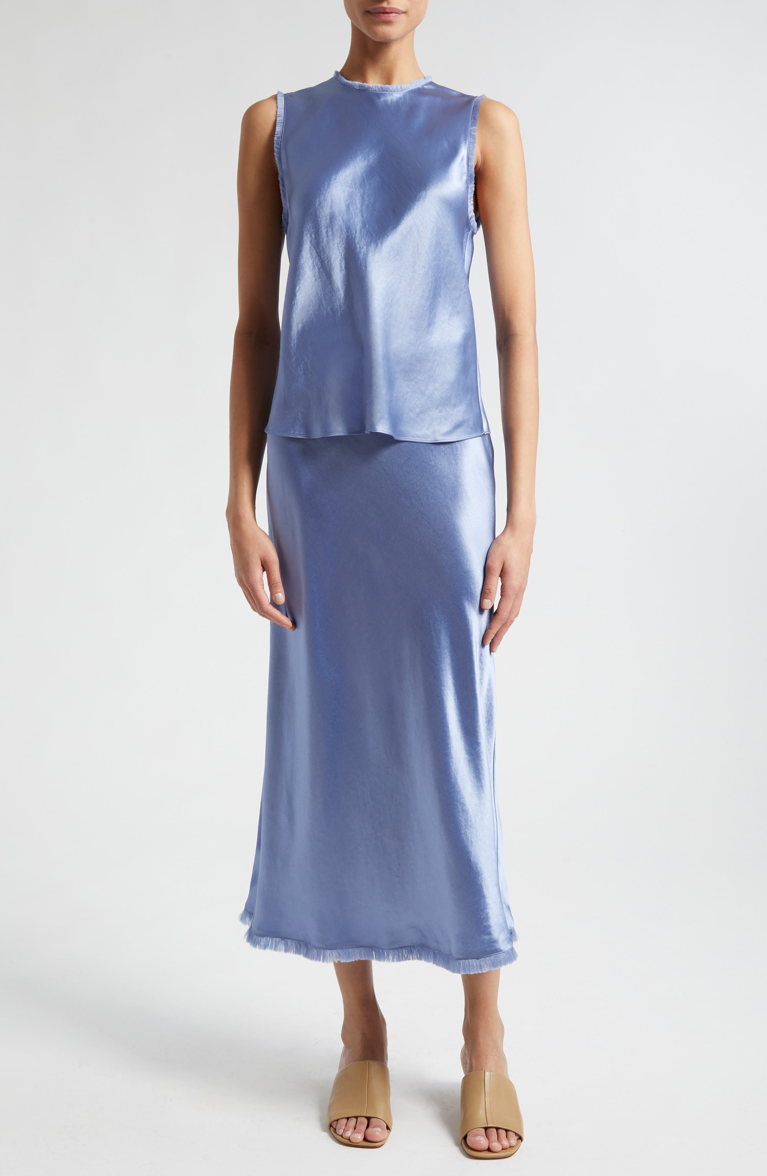 Frayed Trim Satin Midi Skirt - image 2