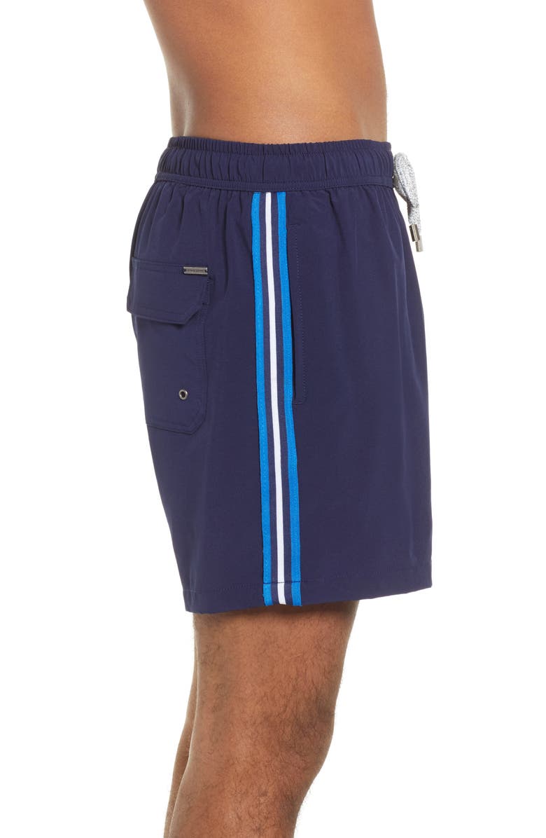 Vintage Summer Navy Side Stripe Swim Trunks, Alternate, color, 