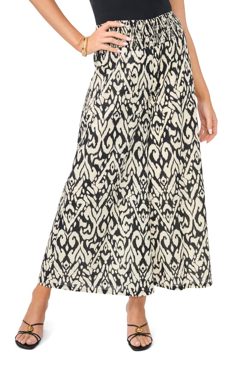 Vince Camuto Abstract Ikat Print Cotton Crop Wide Leg Pants, Main, color, Rich Black