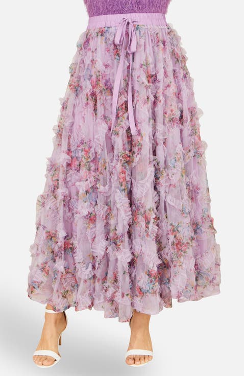 Floral Ruffle Mesh Midi Skirt