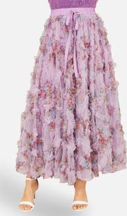 Yumi Floral Ruffle Mesh Midi Skirt