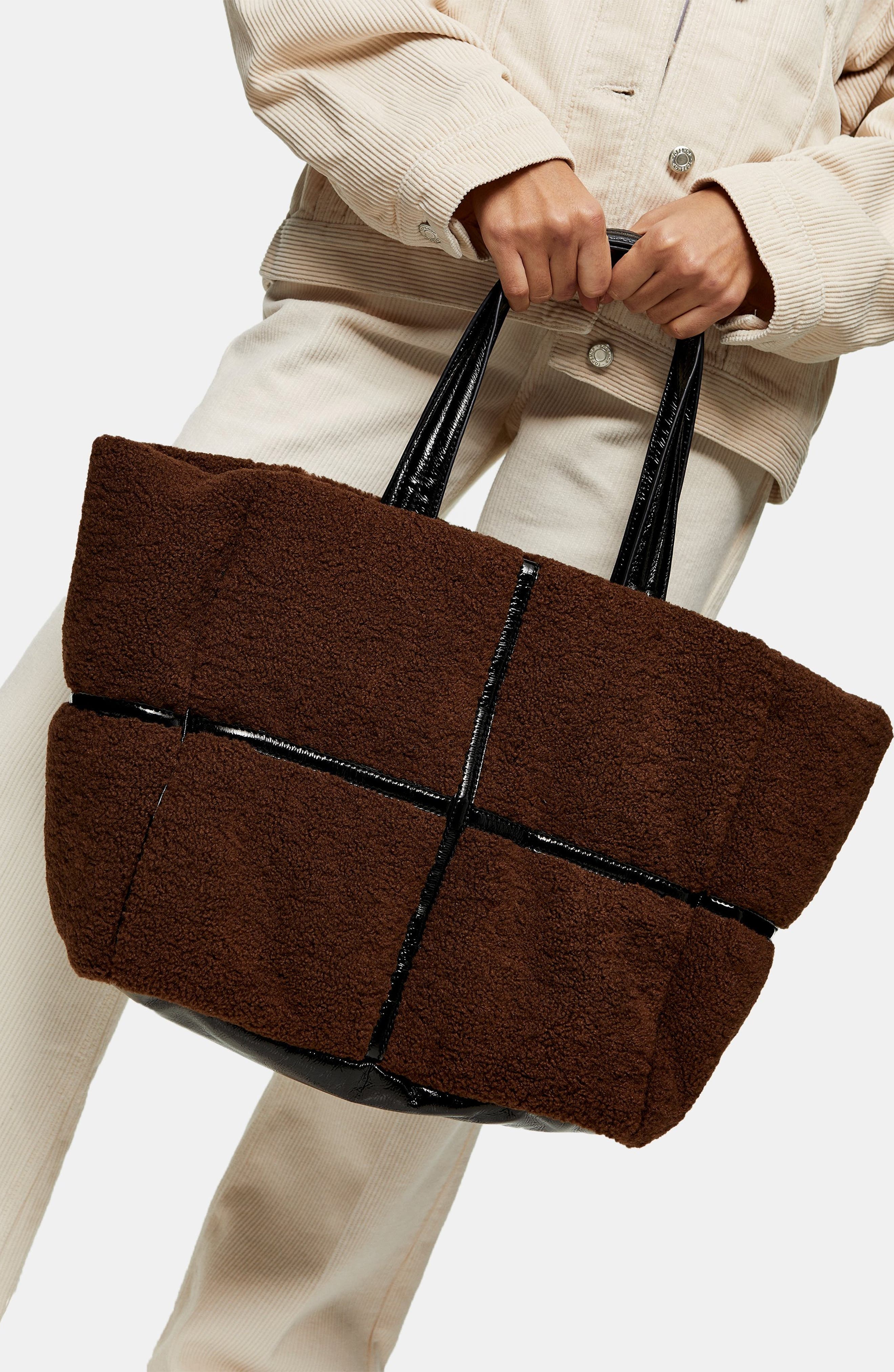 Faux Fur & Vinyl Tote Bag, Alternate, color, BROWN