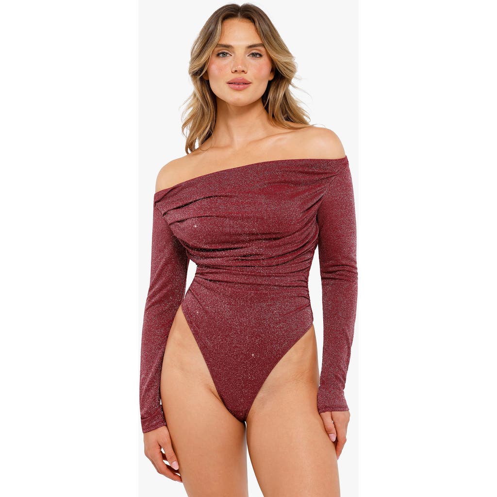 Popilush Shapewear Metallic Knit Long Sleeve Slimming Bodysuit In Ruby