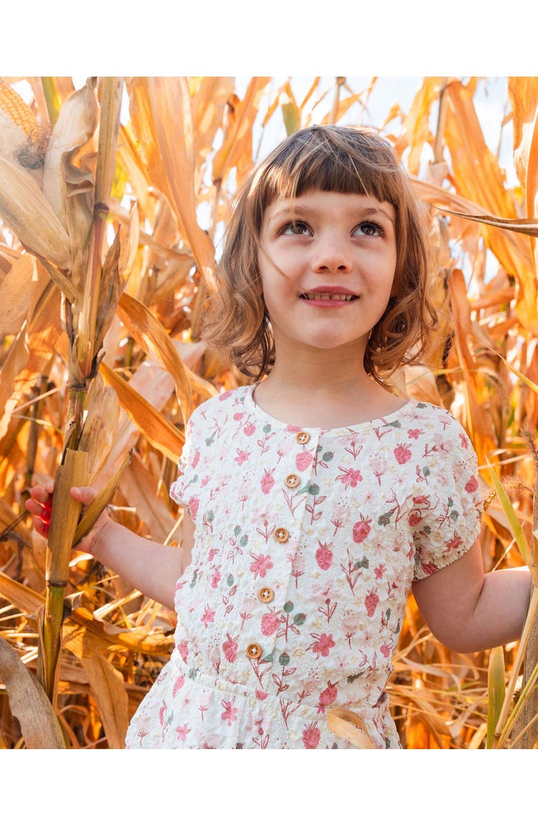 Deux par Deux Little Girl's Printed Seersucker Jumpsuit With Cut Outs Pink Flowers On Cream Background, Alternate, color,