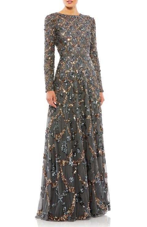 Embellished Illusion High Neck Long Sleeve A Line Gown