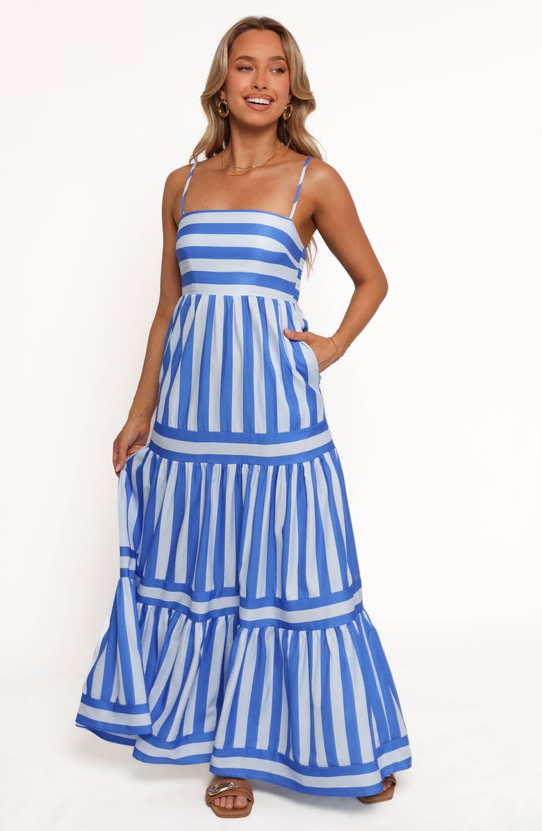 Petal & Pup Emry Stripe Tiered Maxi Dress, Alternate, color, Blue Stripe