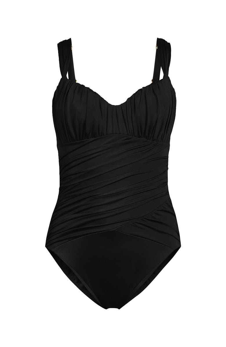 Lands' End Smoothing Sweetheart Shirred One Piece, Alternate, color, Black