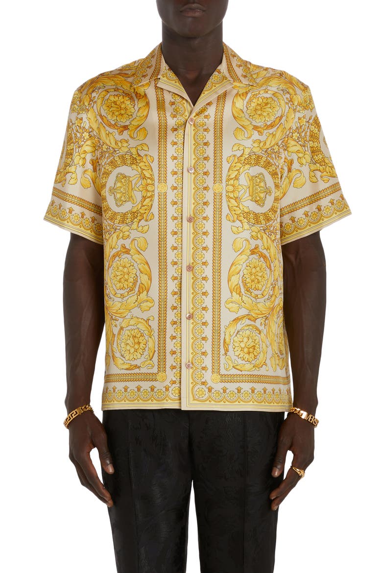Men's Barocco Print Silk Button-Up Shirt, Main, color, CHAMPAGNE