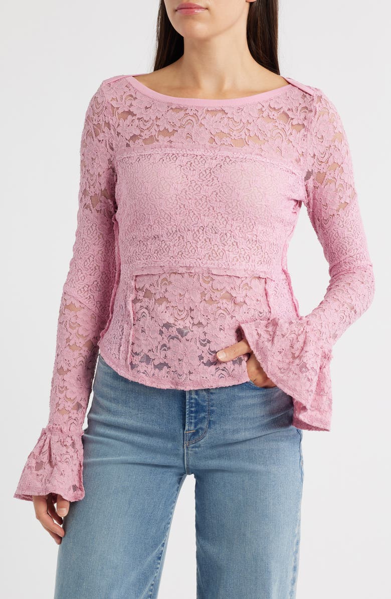 Free People Bell Sleeve Sheer Cotton Blend Lace Top, Main, color, Orchid Smoke
