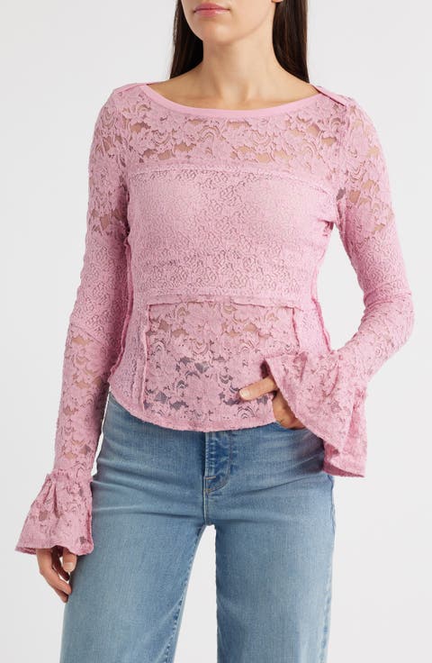 Bell Sleeve Sheer Cotton Blend Lace Top