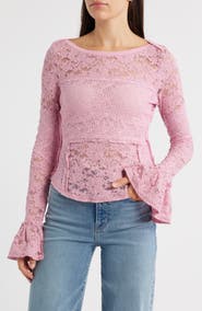 Free People Bell Sleeve Sheer Cotton Blend Lace Top