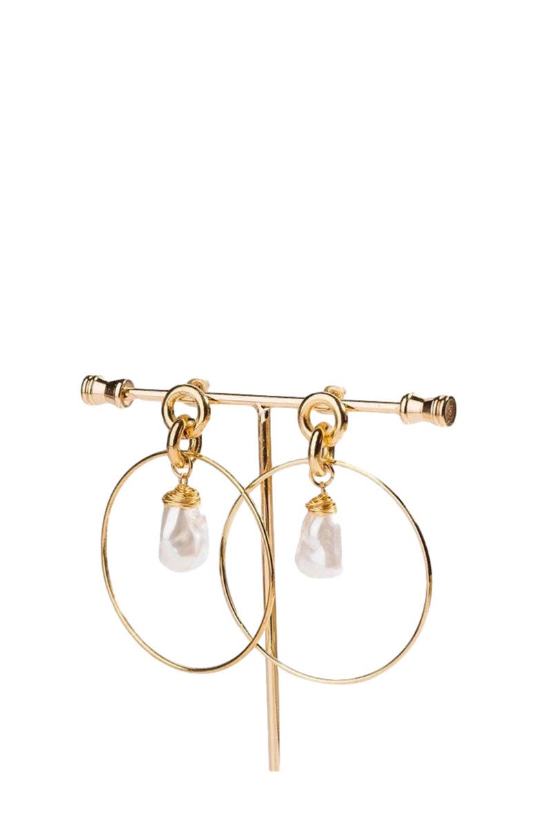 Hollywood Sensation Drop Hoop Earrings with Simulated Pearl Drop, Alternate, color, Gold