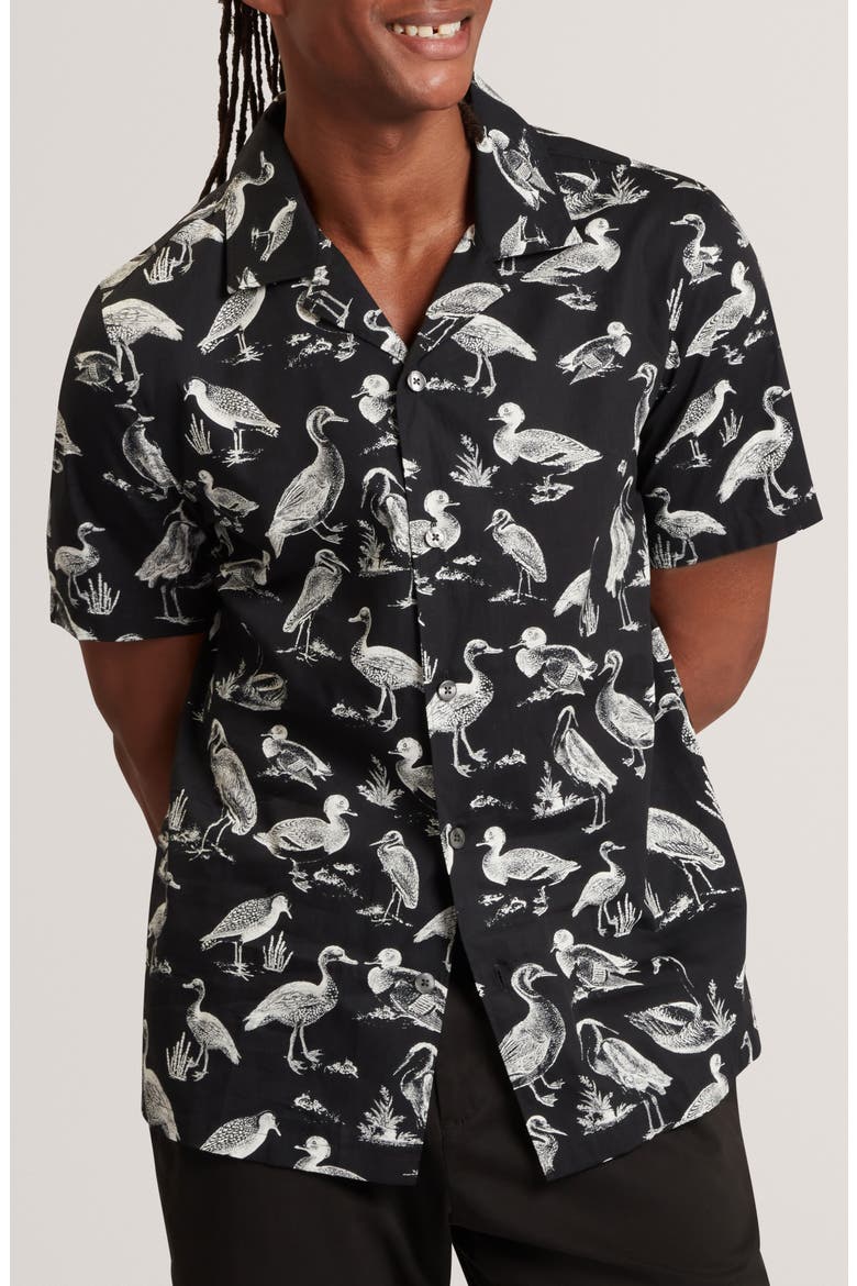 Yamal Duck Print Camp Shirt, Main, color, BLACK