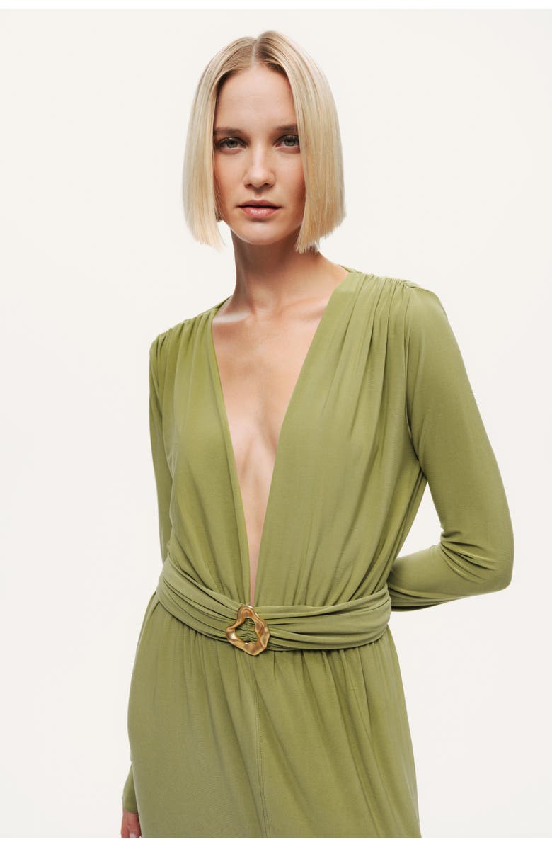 Nocturne Deep Plunge Belted Jersey Maxi Dress, Alternate, color, Olive Green