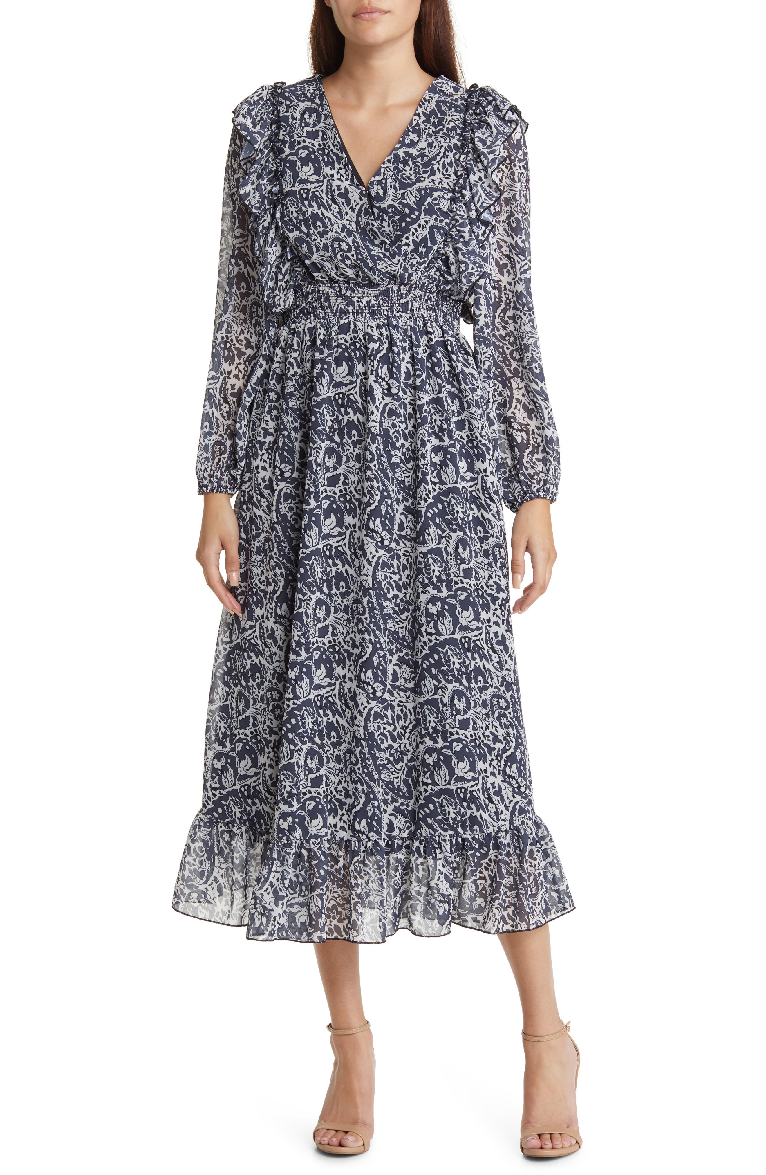 Sam Edelman Wallpaper Paisley Smocked Waist Long Sleeve Dress