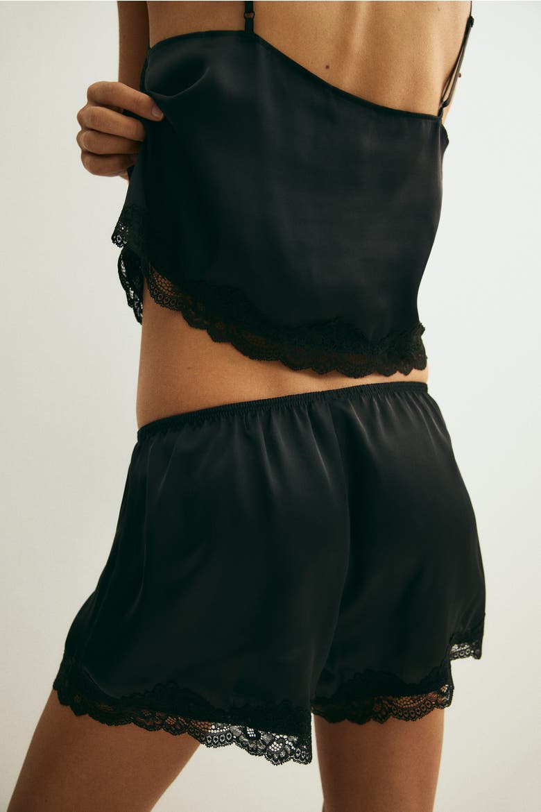 Lace-trimmed Satin Pyjamas, Alternate, color, Black