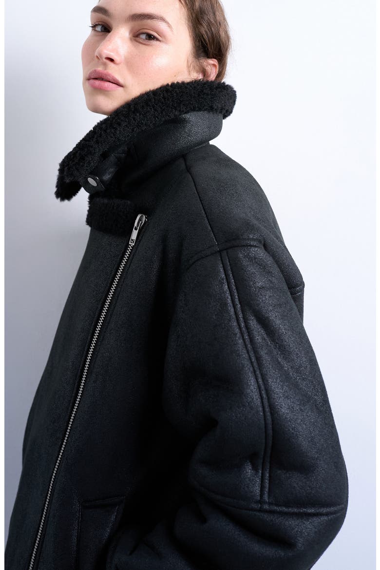 Faux Shearling Oversize Aviator Jacket, Alternate, color, BLACK
