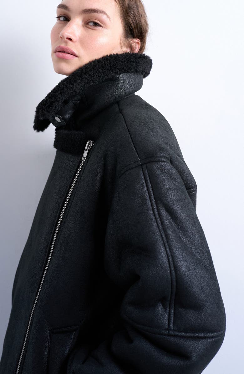 Topshop Faux Shearling Oversize Aviator Jacket, Alternate, color, Black