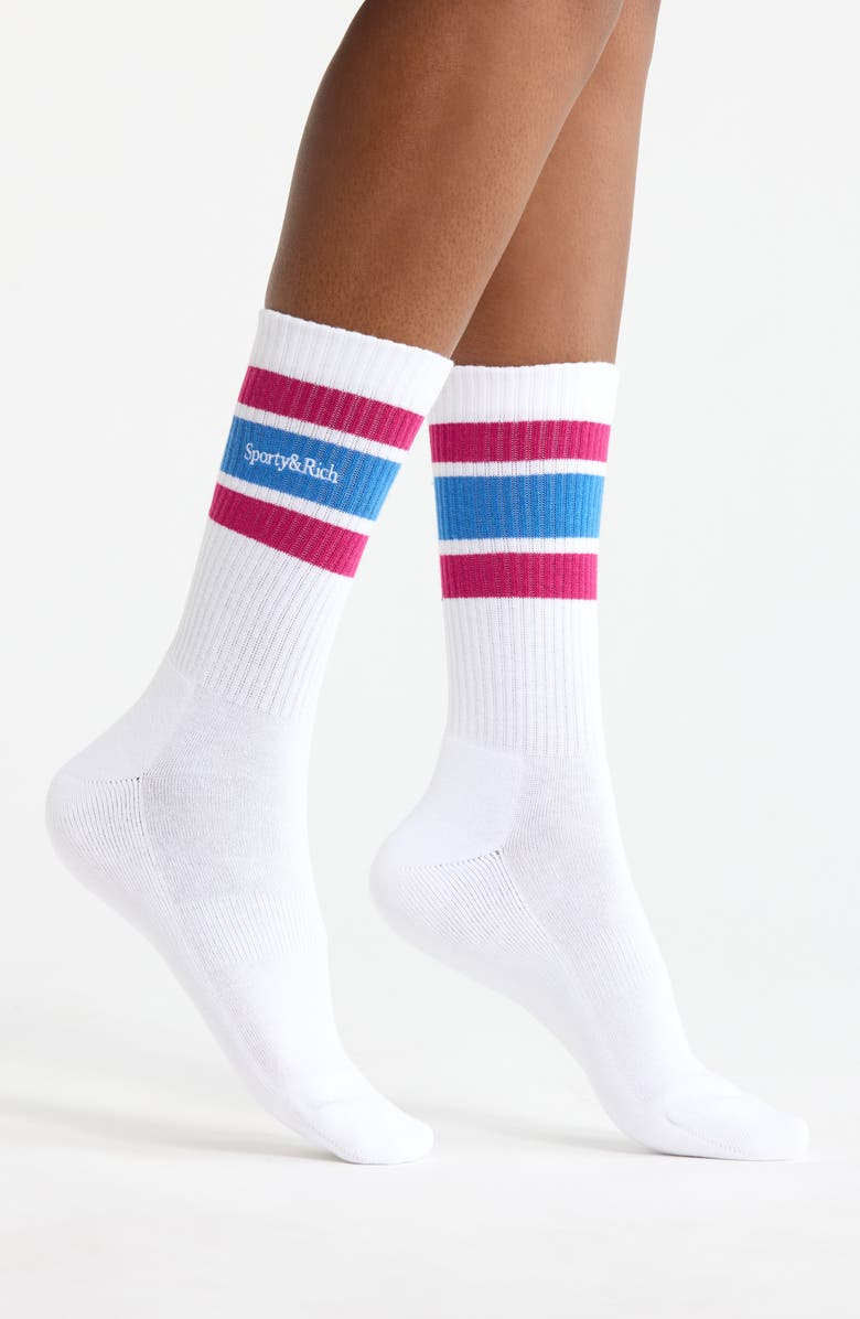 Sporty & Rich Serif Logo Stripe Crew Socks, Main, color, White/Berry/Azure