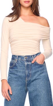 Susana Monaco Asymmetric Off the Shoulder Ruched Long Sleeve Top