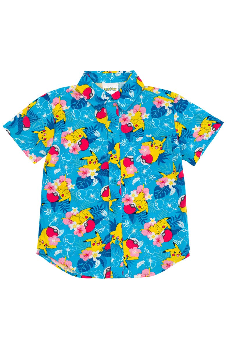 POKEMON Pikachu Short Sleeve Button Down Shirt, Main, color, Blue