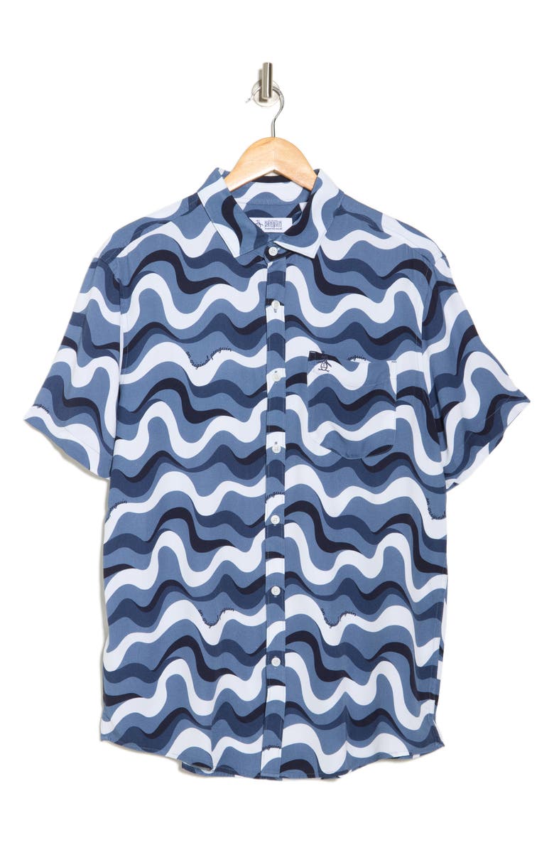 Original Penguin Wave Short Sleeve Button-Up Shirt, Alternate, color, Copen Blue