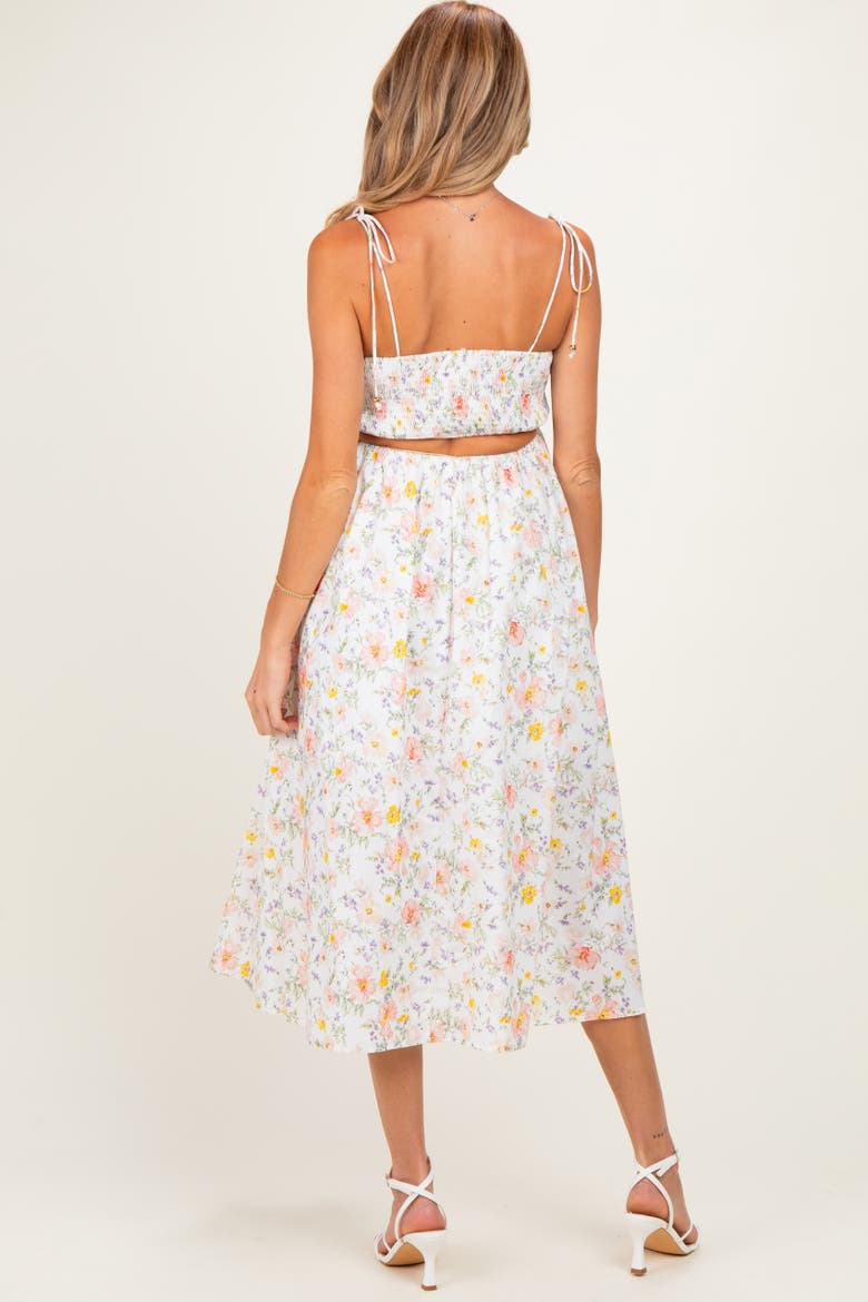Floral Shoulder Tie Cutout Midi Dress, Alternate, color, White