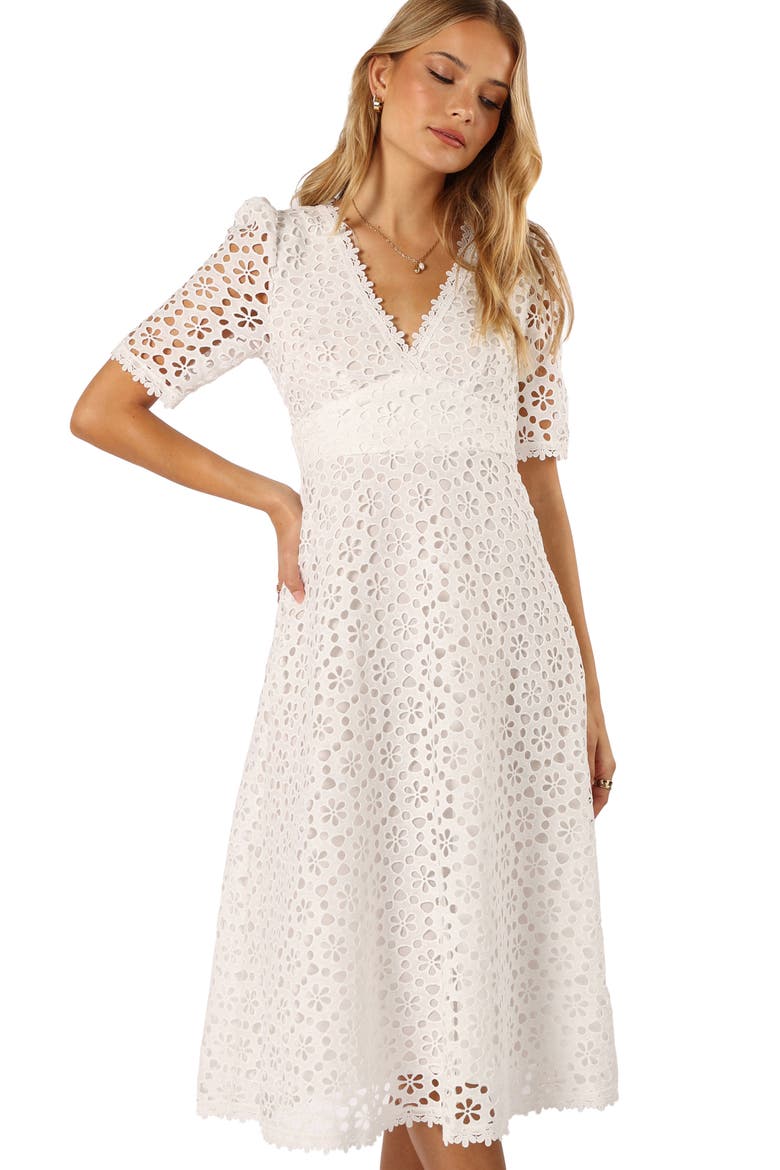 Camellia Floral Eyelet Cotton Midi Dress, Alternate, color, WHITE