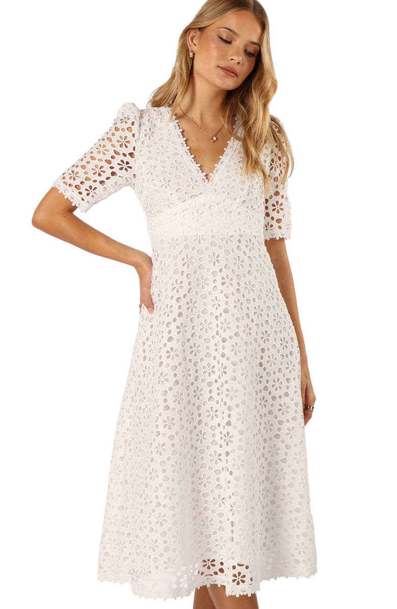 Petal & Pup Camellia Floral Eyelet Cotton Midi Dress, Alternate, color, White