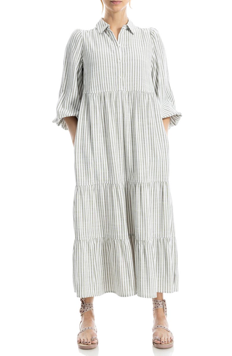 MAX STUDIO Stripe Tiered Maxi Shirtdress, Main, color, Ivory/ Olive Contrast Stripe
