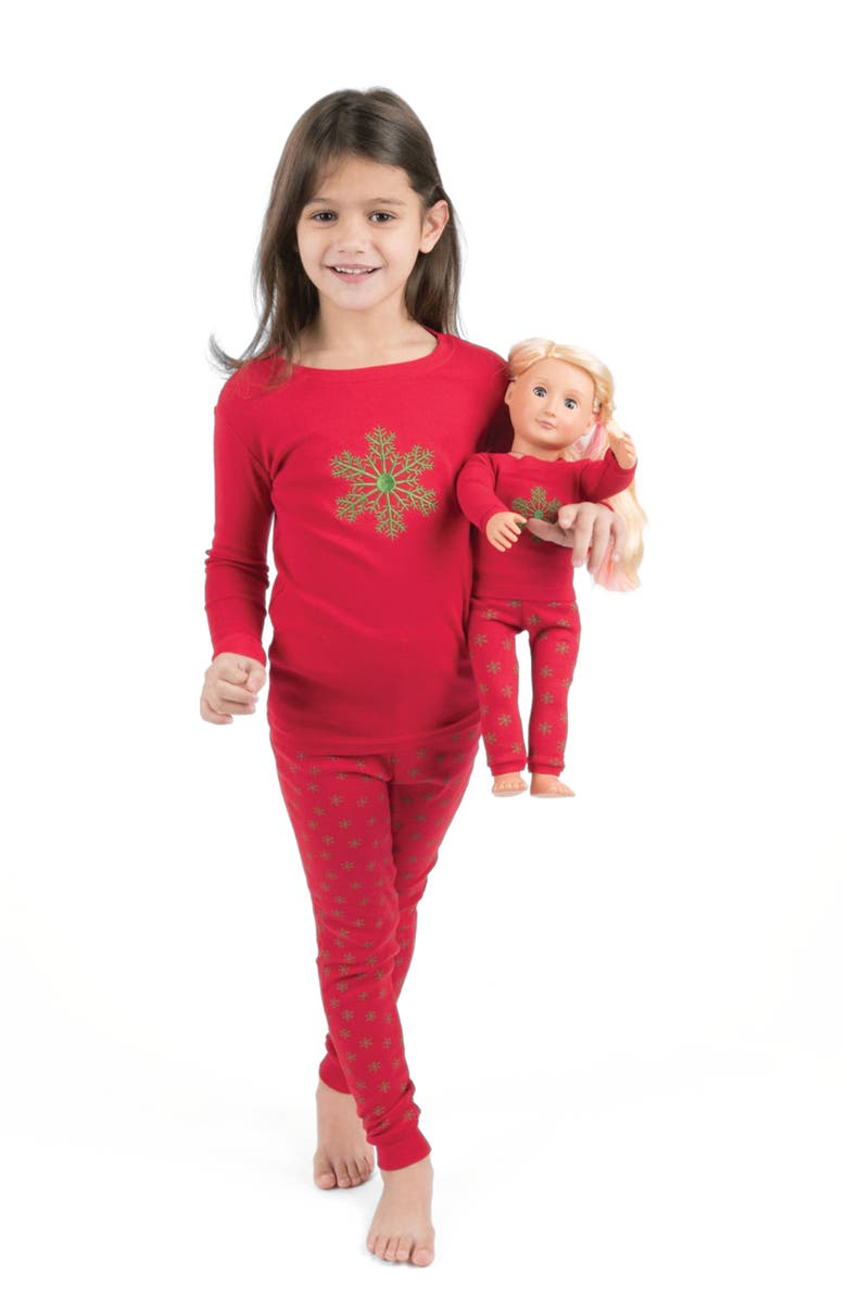 Leveret Girls Matching Doll Printed Cotton Pajamas, Animal & Seasonal Prints, Main, color, Snowflake