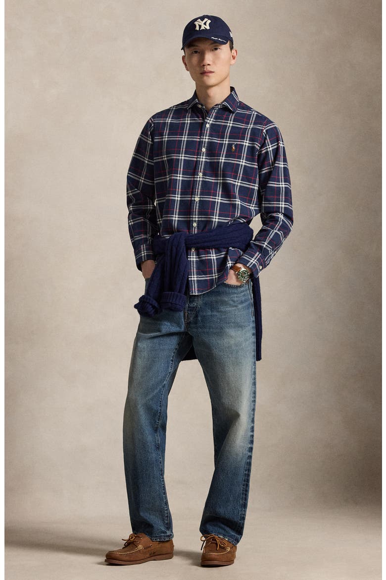 Plaid Long Sleeve Cotton Oxford Shirt, Alternate, color, NAVY/ RED