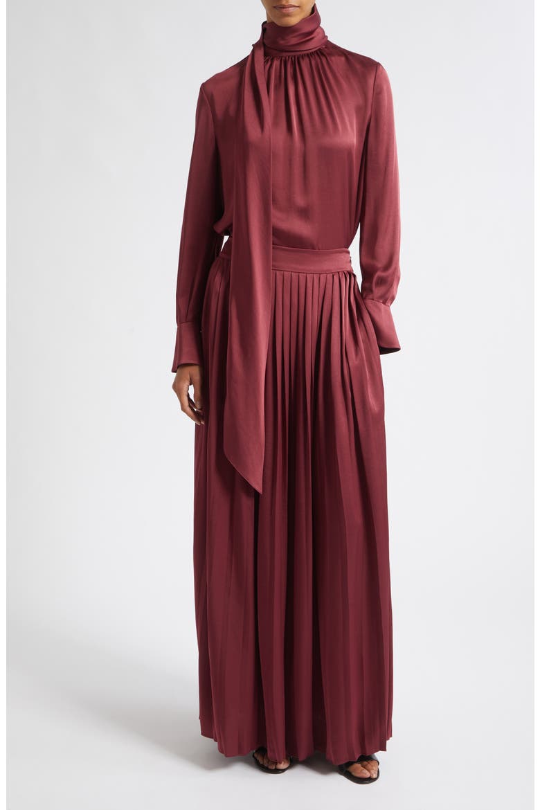 Veronica Tie Neck Long Sleeve Satin Top, Alternate, color, WINE