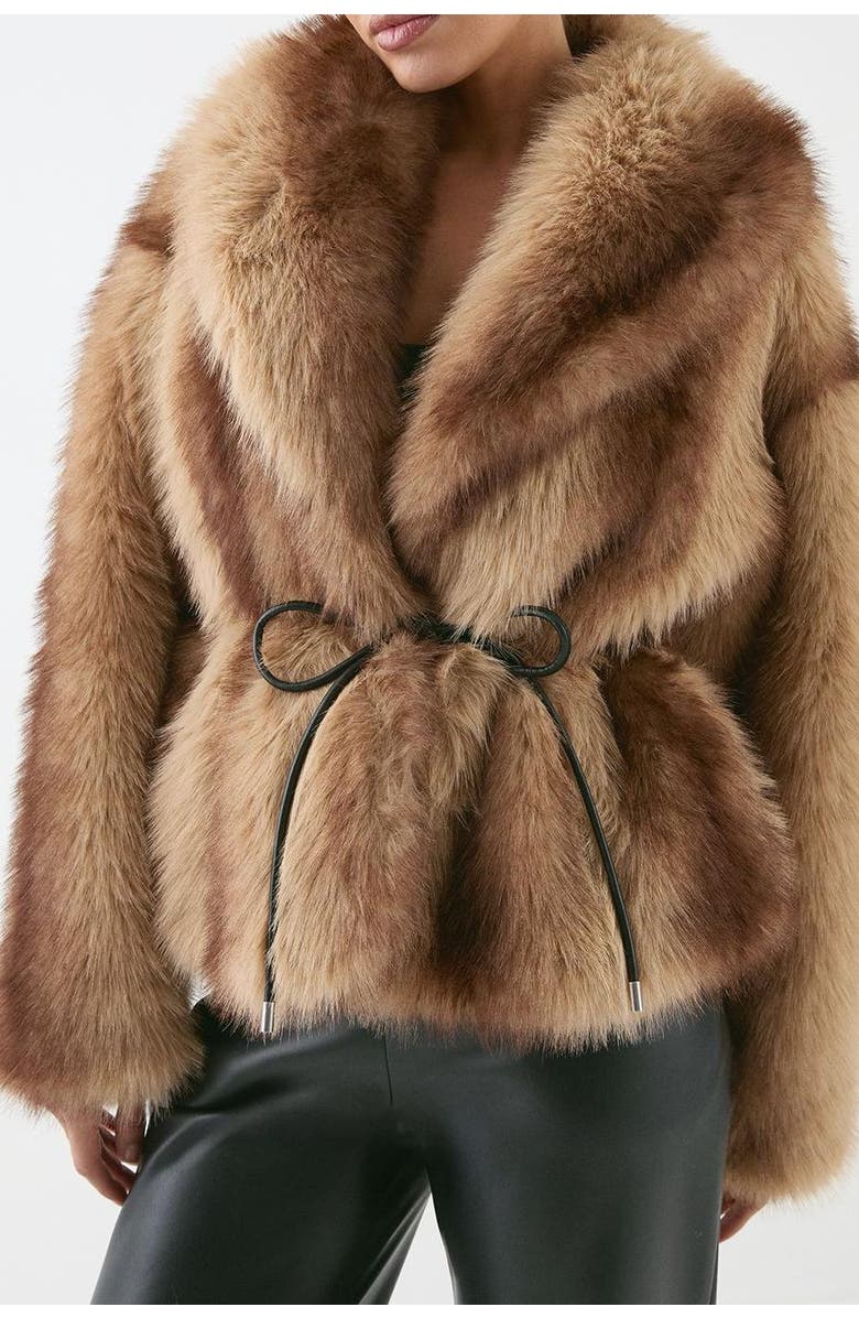 MissPap Faux Fur Wide Collar Belted Jacket, Alternate, color, Brown