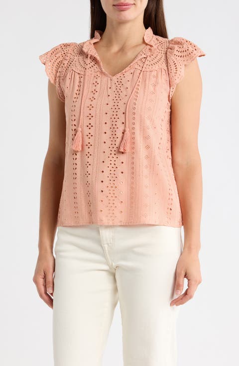 Embroidered Eyelet Cap Sleeve Top