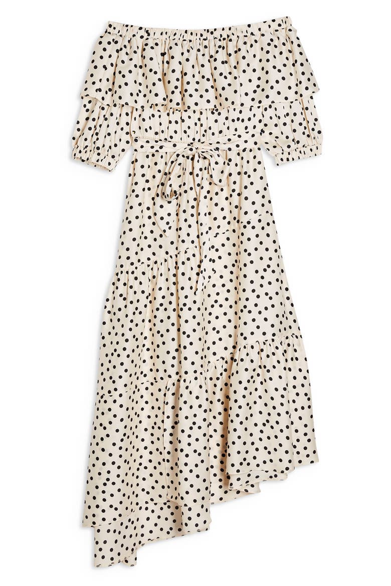 Bardot Spot Print Asymmetrical Off the Shoulder Dress, Alternate, color, WHITE MULTI