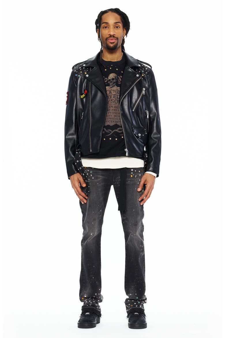 Stars Leather Moto Jacket, Alternate, color, BLACK