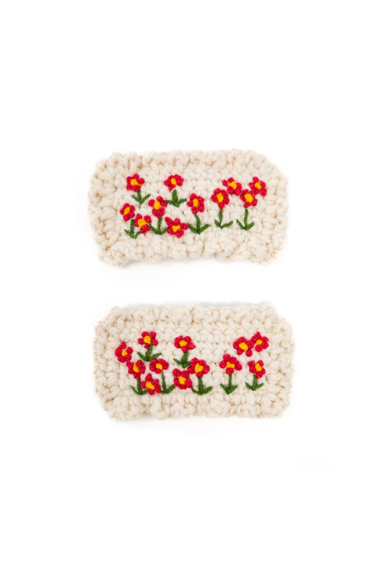 2pc Hand-Crocheted Floral Clip Set, Alternate, color, Cream