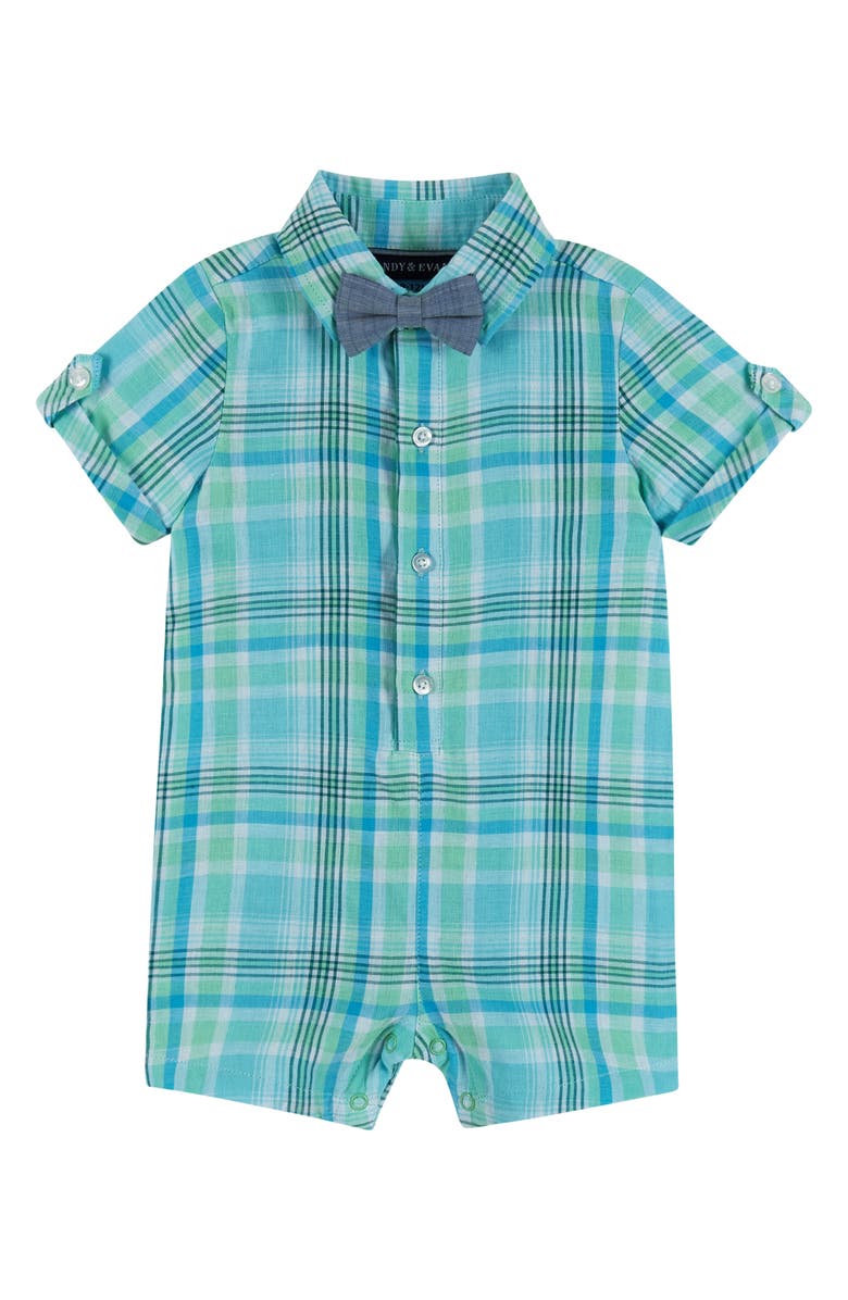Andy & Evan Plaid Cotton Romper & Bow Tie Set, Alternate, color, 