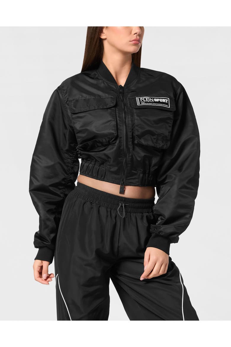 Cropped Bomber Jacket Ls With Cargo Pockets Women, Main, color, black