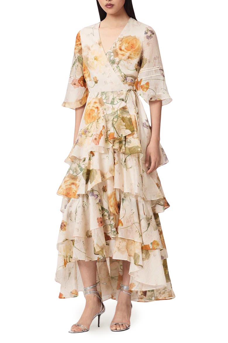Camellia Floral Print Wrap Dress, Main, color, HAZE WHITE