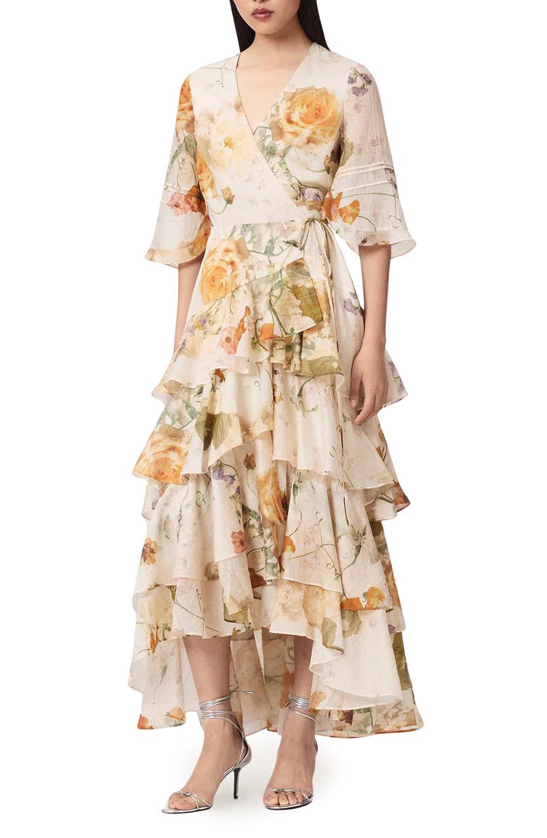 AllSaints Camellia Floral Print Wrap Dress, Main, color, Haze White
