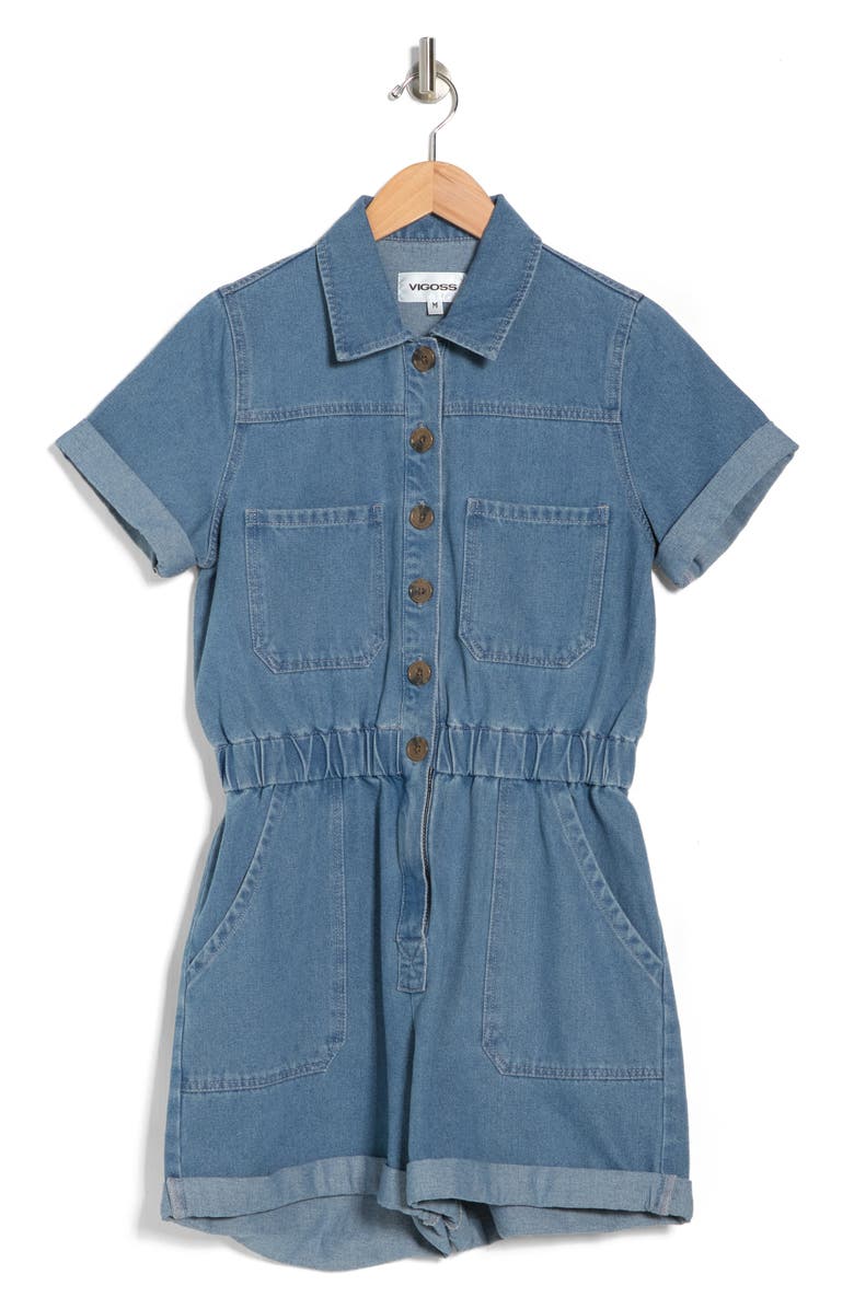 Vigoss Button Front Denim Romper, Alternate, color, Medium Wash