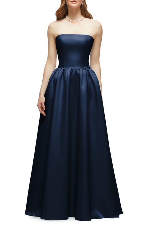 Strapless Drop Waist Satin Twill Gown