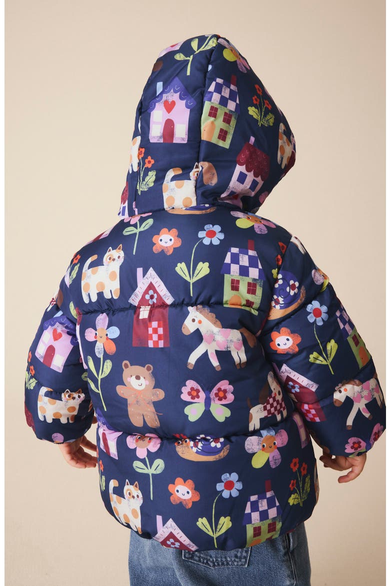 Kids' Print Hooded Puffer Jacket, Alternate, color, BLUE
