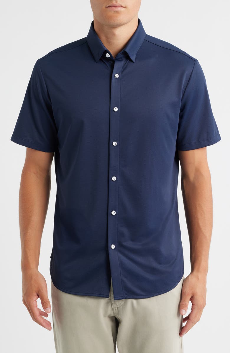 Mizzen+Main Halyard Trim Fit Short Sleeve Performance Button-Up Shirt, Main, color, Navy