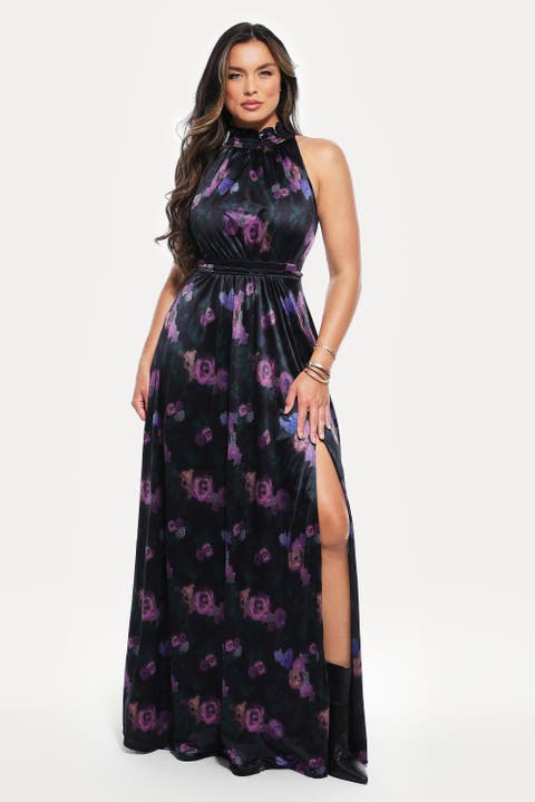Draped High Neck Sculpting Floral-Print Maxi Dress