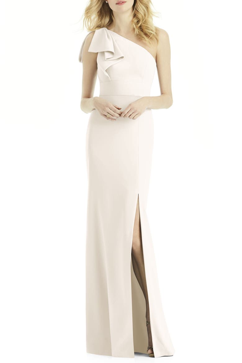 Bow One-Shoulder Trumpet Gown, Main, color, IVORY