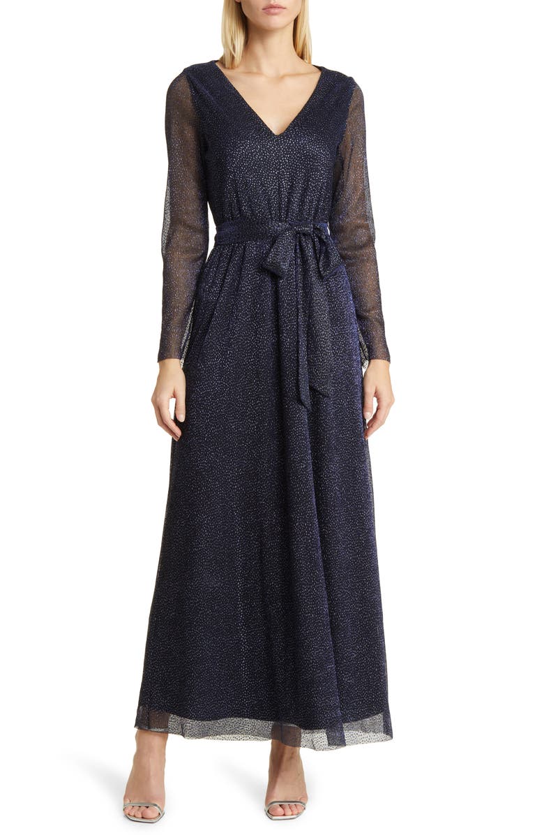 Anne Klein Belted Long Sleeve Metallic Chiffon Gown, Main, color, 