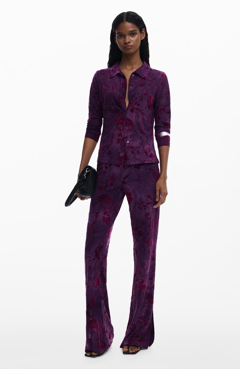 Desigual Floral Burnout Flare Pants, Alternate, color, Medium Purple